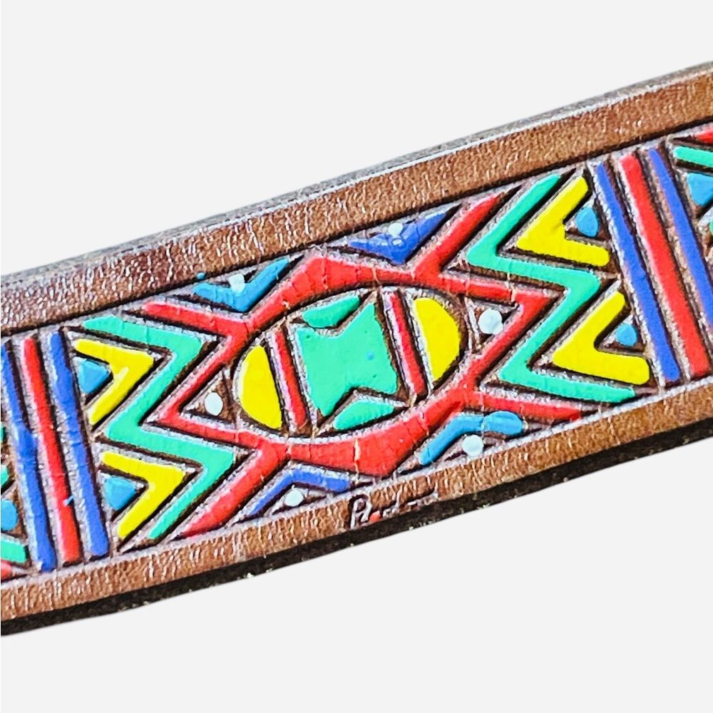 Vintage Piero Guidi Leather Belt Aztec Pattern Size 32 Colorful